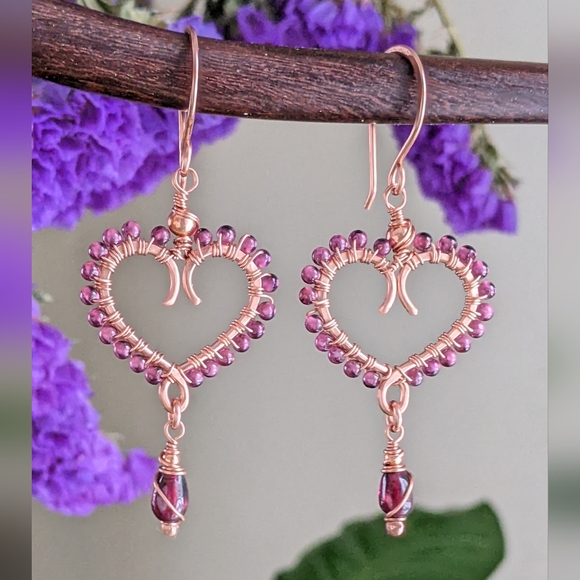 Garnet Heart Earrings Artisan Crafted Copper Design Dangle Drop - Picture 3 of 16
